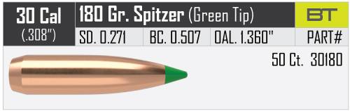 Proj - 30cal - Nosler 180gr Hunting BallisticTip / 50pk